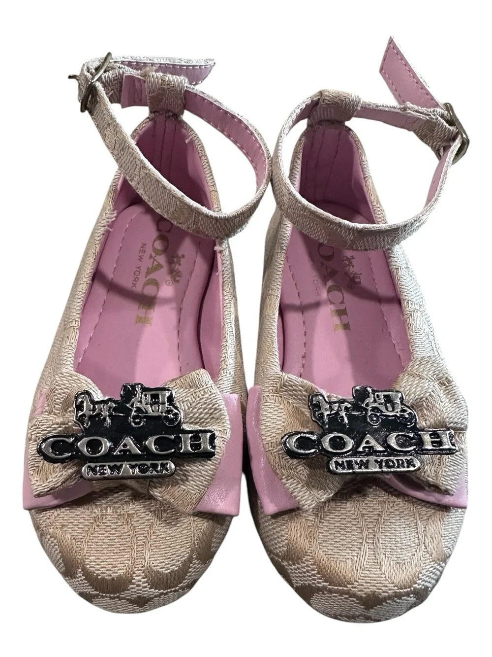 Coach Pink & Beige Signature Logo Kids Ballet Flats with Ankle Strap